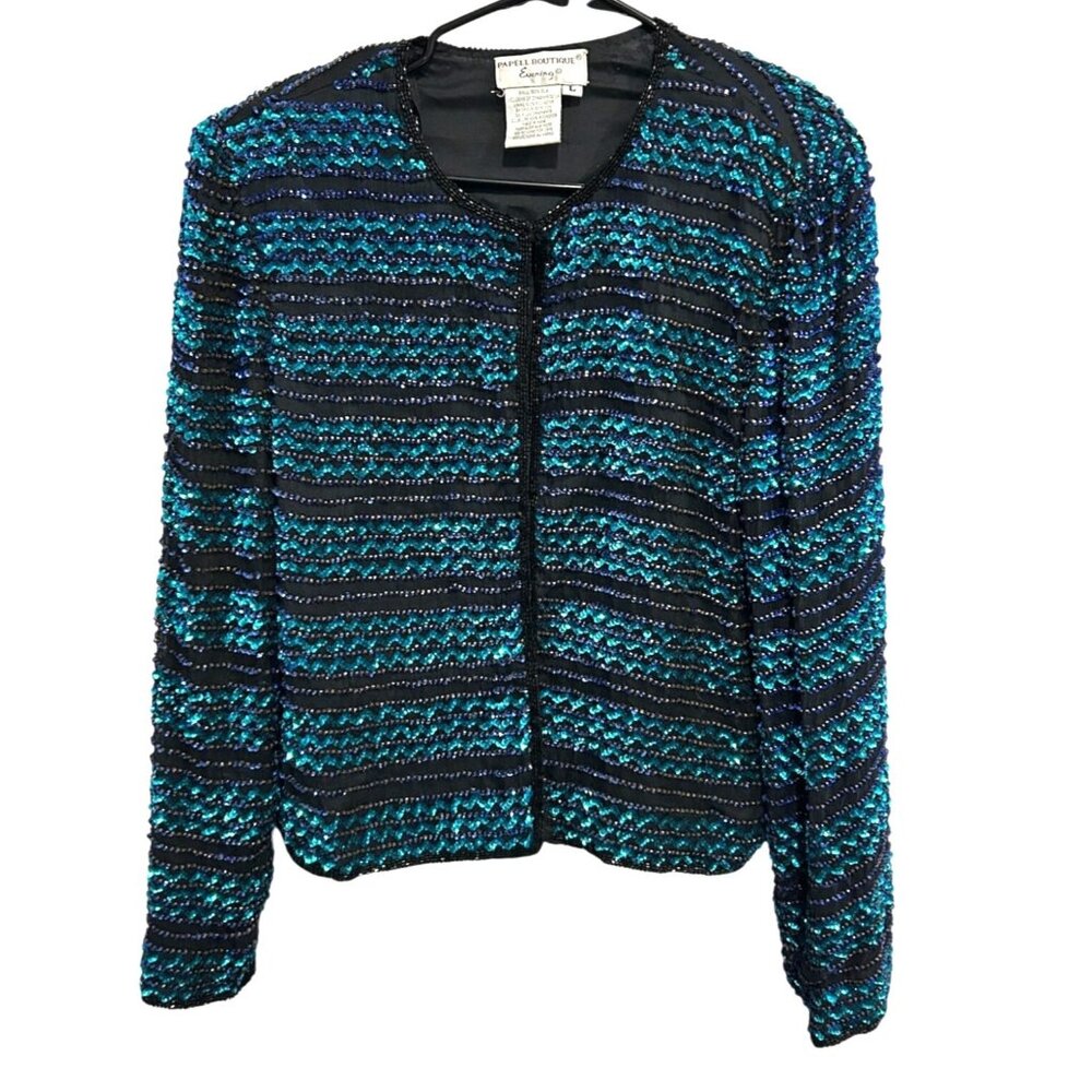 Papell Boutique Evening Womens Sequined Jacket L Black/Blue Silk & Polyester